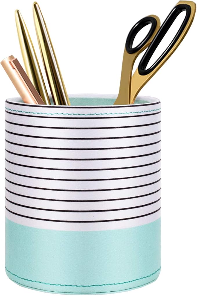 WAVEYU Pen Holder, Pencil Cup Pot Desk Organizer Multi Purpose Use Cute for Adults Kids Luxury Leather Makeup Brush Holder for Home, Office, Classroom, Stripes Mint Green