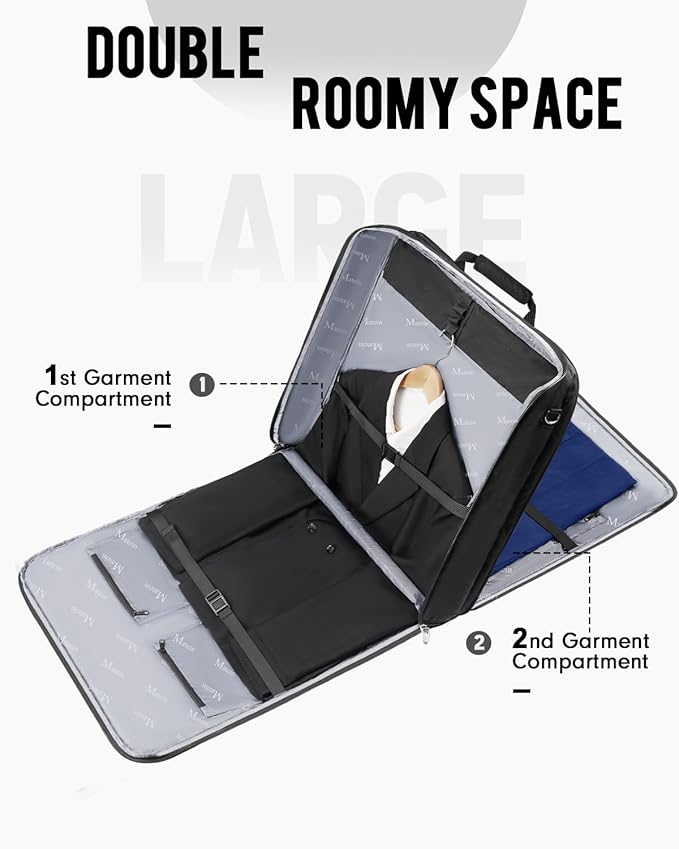 MATEIN Garment Bags for Travel, Large Double Layer Suit Bag Up to 6 Suits with Shoulder Strap, Foldable Carry On Garment Luggage for Hanging Clothes, Convertible Business Suitcase for Men Women, Black