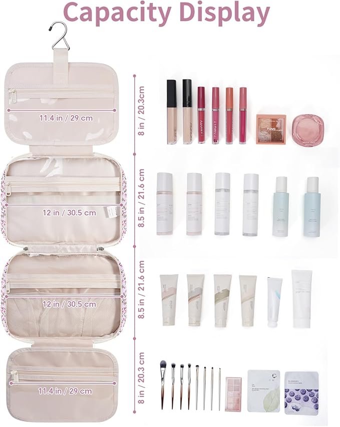 Narwey Travel Toiletry Bag for Women Large Hanging Makeup Bag Organizer Toiletries Bag for Full Size Essentials Accessories Cosmetics (Green Leaves and Flower (Large))