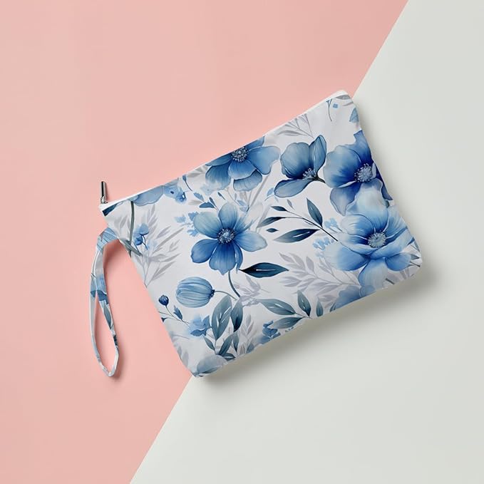 Fokongna Floral Print Wet Bag, Small Portable Waterproof Multi-Functional Organizer for Women, Blue Ink Wash Floral, Ideal for Daily, Beach & Travel