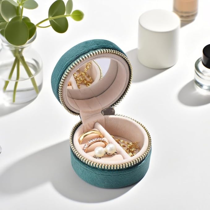 Travel Ring Box with Mirror, Velvet Lined Jewelry Organizer for Women - Mini Portable Case for Engagement, Wedding Band, Earrings,Necklaces | Bridesmaid Proposal Gift (Green)