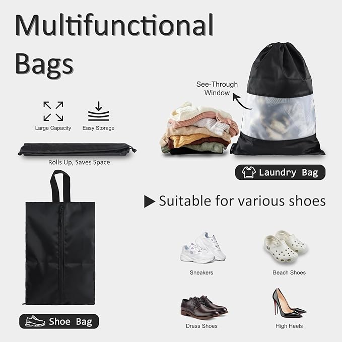 U+U 5 Set Packing Cubes for Travel Essentials Ultralight Luggage Packing Organizers with Laundry Bag and Shoe Bag for Vacation, Business Trip and Camping (Black)