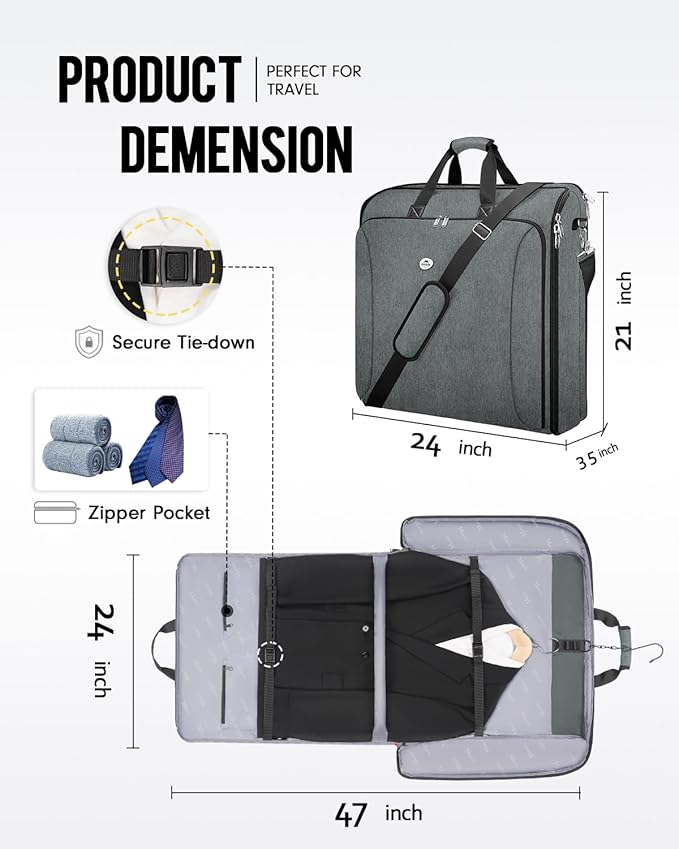 MATEIN Travel Garment Bag, Double Layer Folding Suit Bag with Adjustable Strap for Business Trips, Large Waterproof Wrinkle Free 2 in 1 Hanging Suitcase Cover Luggage for Shirts Dresses Coats, Grey