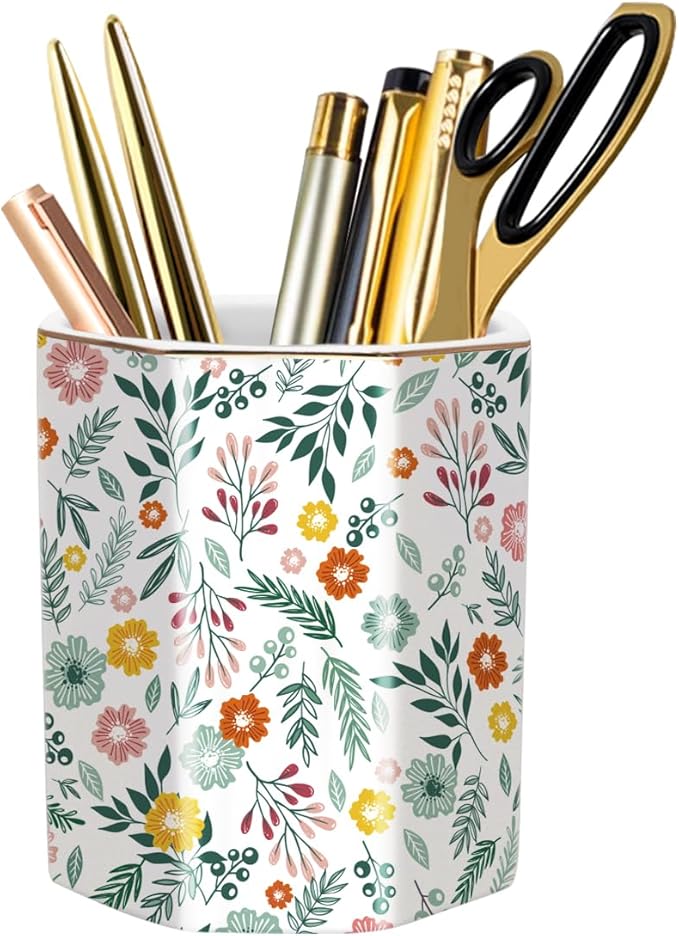 WAVEYU Pen Holder for Desk, Ceramic Pencil Cup Cute Makeup Brush Holder, Desktop Supplies and Accessories for Students, Pen Pencil Caddy for Office Home Art Supply, Green Floral Pattern