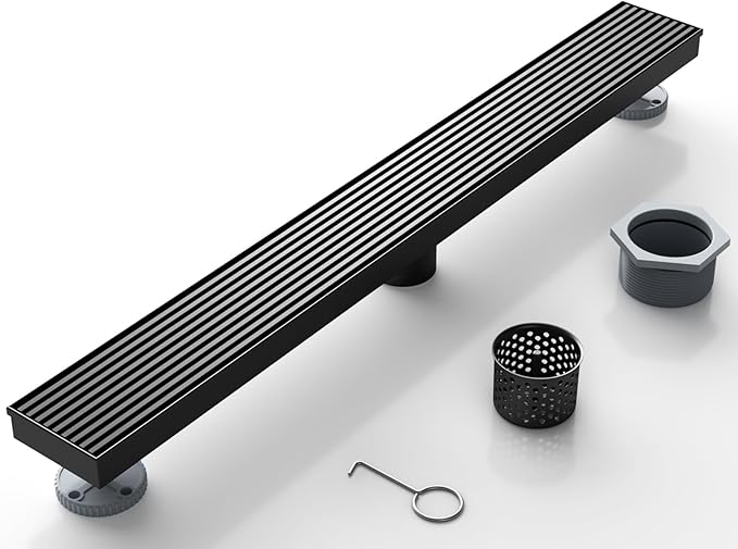 Sharpeye 24 Inch Linear Shower Drain with Removable Wedge Wire Pattern Grate, Matte Black 304 Stainless Steel Rectangle Shower Floor Drain for Bathroom, CUPC Certified, with Hair Strainer