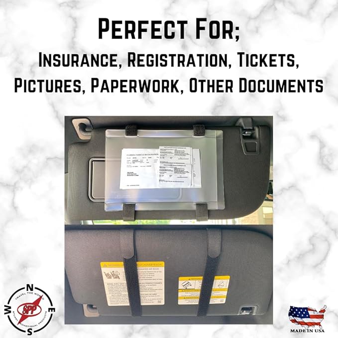 Car Registration and Insurance Holder Visor - Durable Elastic Band & Buckle Closure - Conveniently Stores Documents - Essential Car Accessory (Black/Black), Made in USA