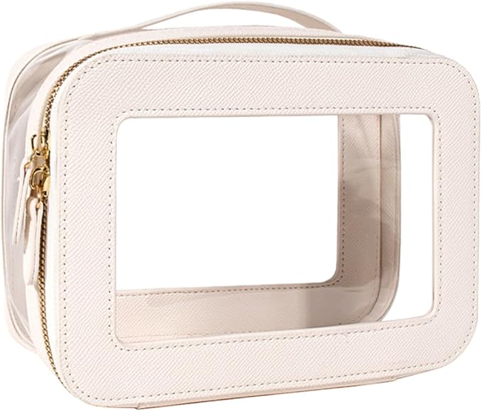 Clear Makeup Bag for Women, Small Portable Clear Makeup Bag Cute Waterproof Travel Cosmetic Case Makeup Pouch TSA Approved Toiletry Bag Women Traveling Car Organizer Car Essentials (White, Standard)