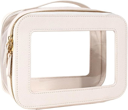 Clear Makeup Bag for Women, Small Portable Clear Makeup Bag Cute Waterproof Travel Cosmetic Case Makeup Pouch TSA Approved Toiletry Bag Women Traveling Car Organizer Car Essentials (White, Standard)