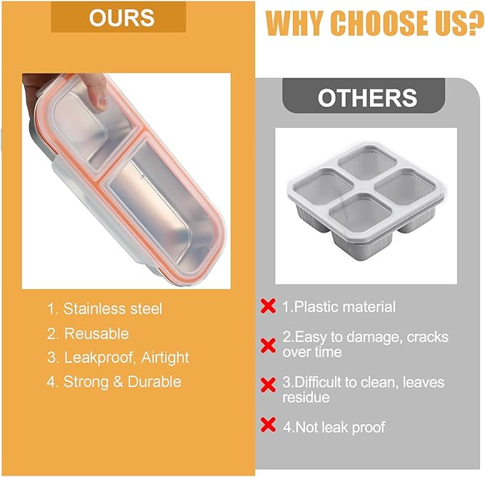 1PC 2 Compartment Grab and Go Snack Containers with Spoon Fork, Reusable Stainless Steel Snack Containers with Lids, Double Compartment Condiment Container for Travel and Outdoor Camping (1)