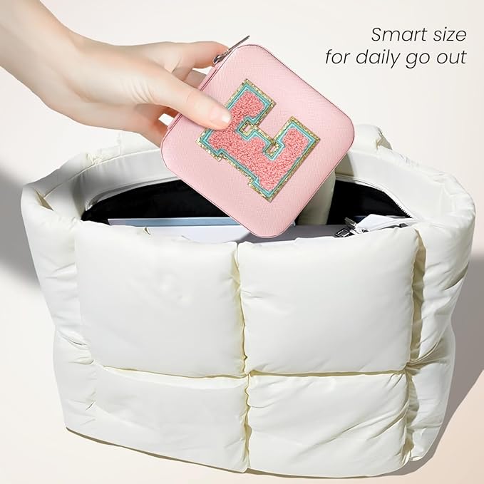 SANDJEST Personalized Jewelry Box, Pink Travel Jewelry Box with Initial E, Small Monogrammed Jewelry Case Organizer for Girls Women Teen Kids, Mini Travel Essentials Gifts for Birthday Christmas