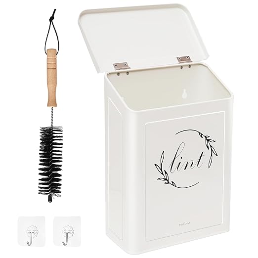 Magnetic Lint Bin for Laundry Room, Metal Lint Trash Can with Lid for Dryer, Wall Mounted Lint Holder Box with Lint Brush, Modern Farmhouse Laundry Room Decor, Cream