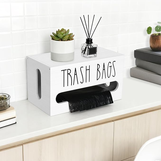 Trash Bag Dispenser, Double Wall Mounted, Wood Trash Bag Holder, used in kitchen, garage, laundry room, can store environmentally friendly food bags and garbage bags (White/Small)