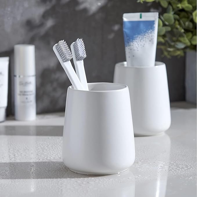 White Toothbrush Holder for Bathroom - Ceramic Tooth Brushing Holders, Toothbrush Cup & Toothpaste Organizer for Bathroom Countertop, Makeup Brush Holder, Pen Holder for Home Desktop Storage