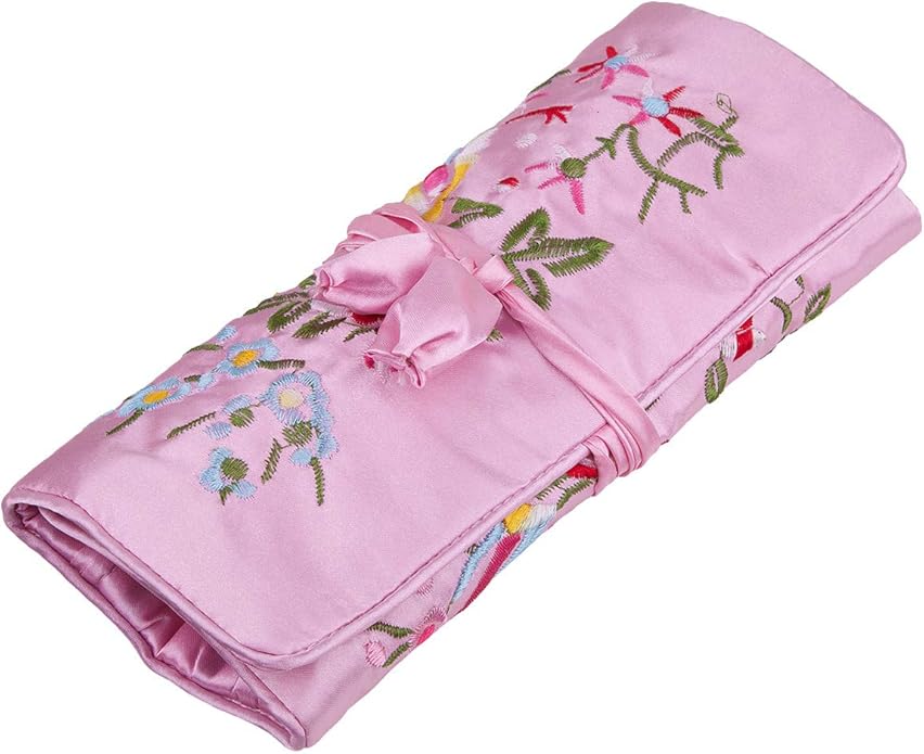 TUMBEELLUWA Embroidery Travel Jewelry Bag Roll Embroidered Flower and Bird Brocade Organizer with Tie Close