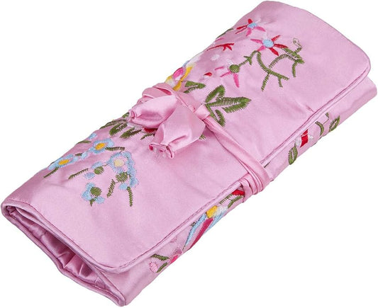TUMBEELLUWA Embroidery Travel Jewelry Bag Roll Embroidered Flower and Bird Brocade Organizer with Tie Close