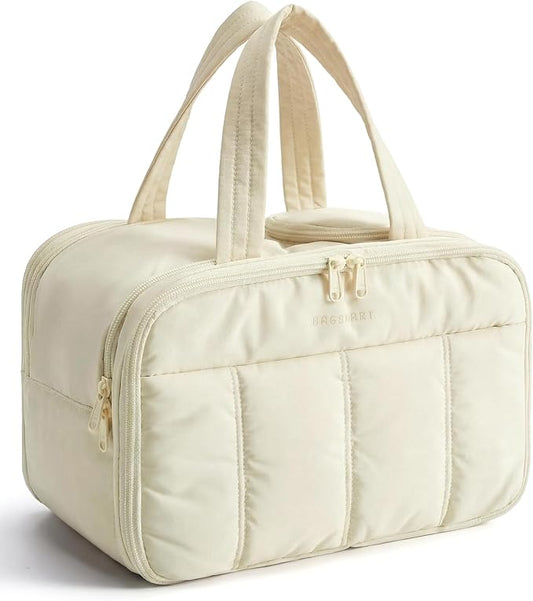 BAGSMART Travel Toiletry Bag, Puffy Large Toiletry Bag for Women, Lightweight Cosmetic Makeup Bag Organizer with Handle for Traveling, Accessories, Essentials, Toiletries (Beige