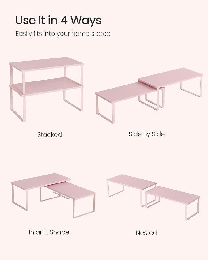 SONGMICS Cabinet Organizer Shelf, Set of 2 Kitchen Counter Shelves, Kitchen Storage, Spice Rack, Stackable, Expandable, Metal and Engineered Wood, Jelly Pink UKCS025S01