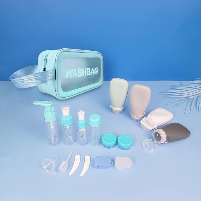 18 Pcs Travel Bottles Set for Toiletries, TSA Approved Travel Size Containers with Bandage Silicone Squeezable for Shampoo Conditioner Lotion Body Wash (Multicolour+Blue Bag)