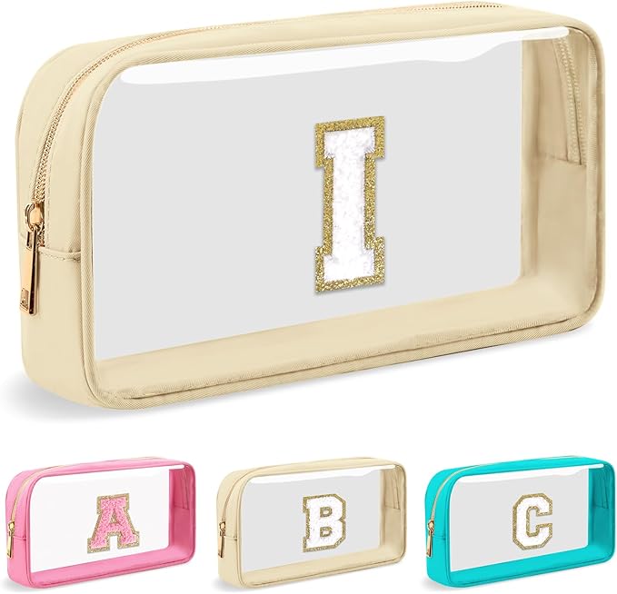 Personalized Initial Letter Clear Makeup Bag, Preppy Small Nylon & PVC Cosmetic Zipper Bag with Chenille Letter, Portable Beach Travel Skincare Toiletry Bag, Trendy Monogram Gift for Teen Girls Women, I