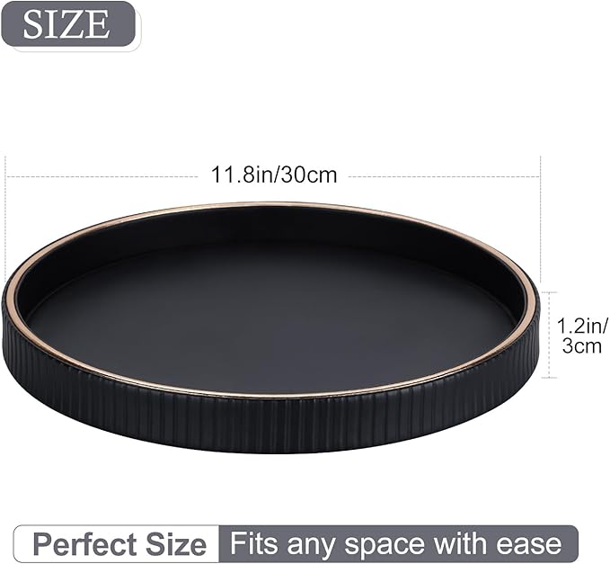 GORESE Decorative Tray for Home Decor, 12" Round PU Leather Coffee Table Tray Table Centerpiece for Living Room, Dresser, Vanity, Valet Tray Nightstand Organizer for Trinket Perfume Key, Black