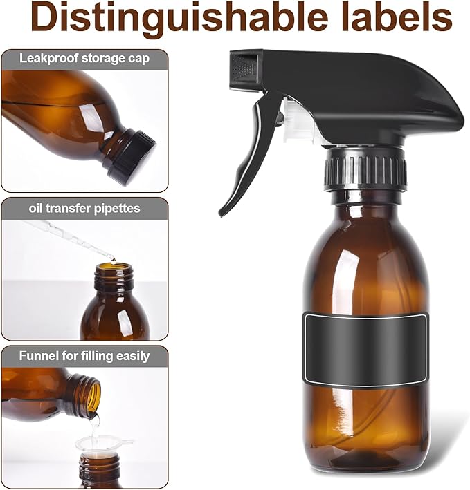 4 oz Amber Glass Spray Bottles - 2 Pack Empty Refillable Bottle for Cleaning Solutions,Hair Care,Essential Oils, Plants - Durable Nozzle,with Labels &Funnel, Dropper