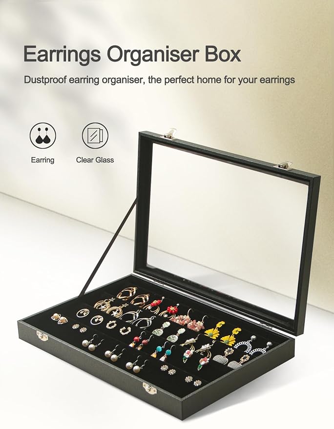 Coward Earring Organizer Tray Box, Black Velvet Earring Jewelry Display Storage Tray Case with Transparent Glass Lid for Home Drawer or Shop Selling