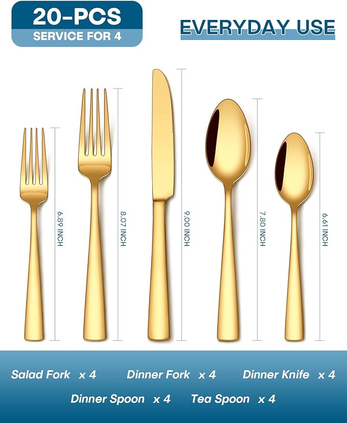 Stapava 20 Pcs Gold Silverware Set, Food-Grade Stainless Steel Flatware Sets for 4 Mirror Polished Cutlery Utensil Sets Include Dinner Knives Spoons and Forks Set Dishwasher Safe for Home Restaurant