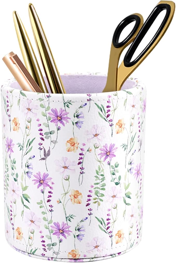 WAVEYU Pen Holder, Makeup Brush Holder Leather Cute Vintage Flowers Pattern Pencil Cup for Girls Kids Women Durable Stand Desk Organizer Storage Gift for Office, Classroom, Home, Cute Flower