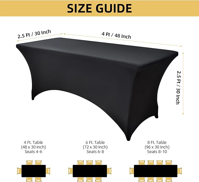 ZarzaaSik 6-Pack 4ft Spandex Black Table Covers for Rectangular Folding Tables - Wrinkle Resistant Stretch Tight Table Cloths - Ultimate Fitted Table Protector for Parties, Trade Shows, and Wedding