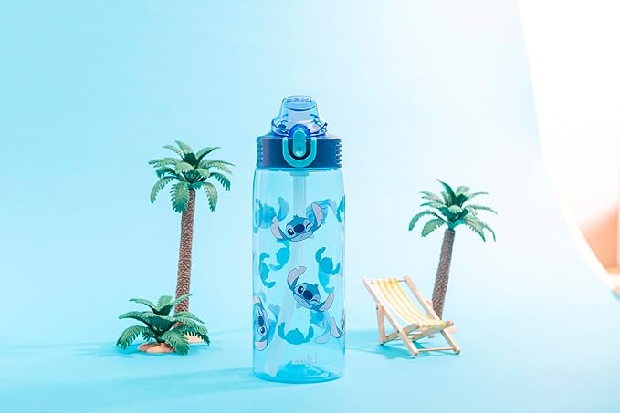 Zak Designs Disney Sage Water Bottle For School or Travel, 25oz Durable Plastic Water Bottle With Straw, Handle, and Leak-Proof, Pop-Up Spout Cover (Stitch)