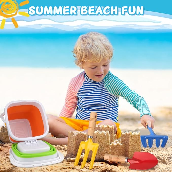 3PCS Collapsible Beach Bucket Sandbox Kit Building Toys for Kid, Small Pail for Washing Camping Fishing, Foldable Bucket Sand Pail Water Can for Garden Planting, Traveling, Beach Summer Toys Fun