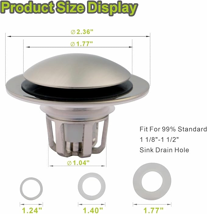 Bathroom Sink Drain Stopper,Pop Up Sink Stopper Universal 2-in-1 Design with Hair Catcher, Bathroom Sink Stopper and Anti-Clog Strainer for 1 1/8"-1 1/2" Drain Holes,Brushed Nickel,1 Pack