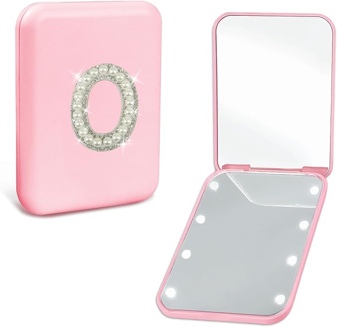 Personalized LED Pocket Mirror Pearl Letter 1X/2X Magnification Small Travel Makeup Mirror with Lights Pink Compact Mirror Portable Mirror Gifts Travel Essentials for Women Teen Girl (O)