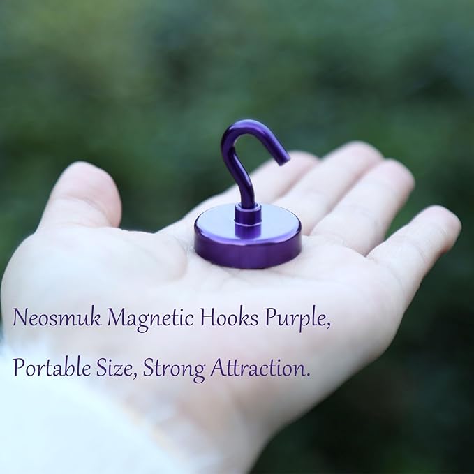 Neosmuk Magnetic Hooks, Heavy Duty Earth Magnets with Hooks for Refrigerator, Extra Strong Cruise Hooks for Hanging, Magnetic Hangers for Curtains, Grills (Purple, 6 Pack)