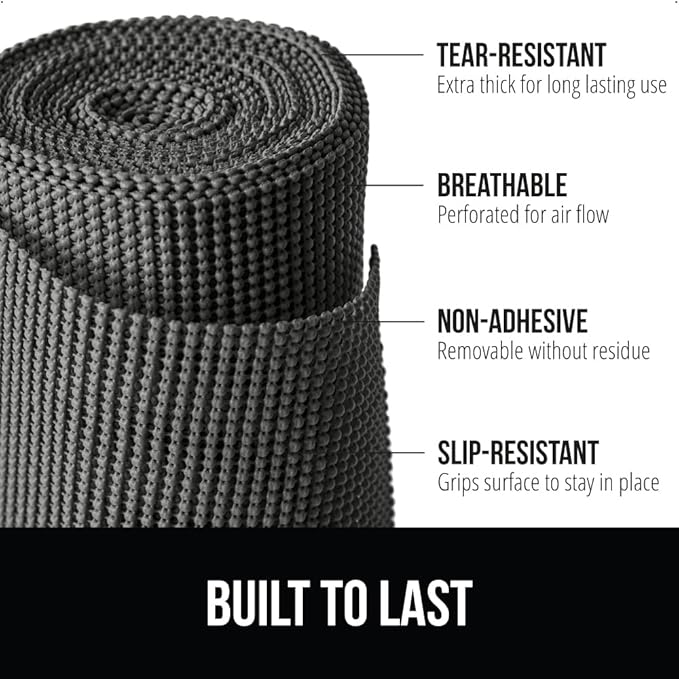 GORILLA GRIP powerGRIP Drawer Shelf and Cabinet Liner, Thick Strong Hold, Non-Adhesive Liners Protect Kitchen Cabinets and Cupboard, Bathroom Drawers, Easy Install, Breathable Mat, 12" x10', Charcoal