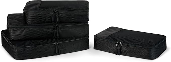 Amazon Essentials 4-Piece Packing Cubes Travel Accessories Set, Luggage Organizer with Double Zipper, Mesh Top, 100% Polyester, 2 Medium/2 Large, Black (Previously Amazon Basics)