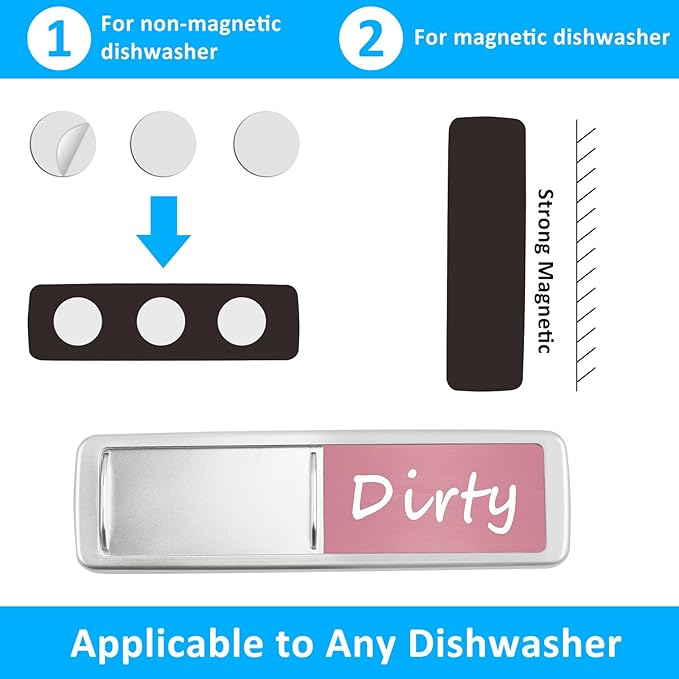 Dishwasher Magnet Clean Dirty Sign, Slide Strong Clean and Dirty Refrigerator Magnet Indicator for Dishwasher, Non-Scratch, Easy to Read, Self-Adhesive Stickers for Non-Magnetic Dishwasher（Pink White）