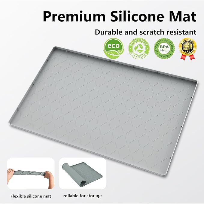 Mateeylife Under Sink Mats for Kitchen Waterproof 28"X19", Undersink Protectors，Silicone Mat Cabinet Liner, Under Sink Organizer for Bathroom and Kitchen，Boot Tray Pet Food Mat, Light Grey