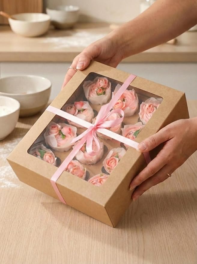 Bakepacker Auto-pop up 12 Cupcake Containers 6-Packs Brown Cupcakes Carrier, 12 Cupcake Boxes with Window 13"x10"x3.5"