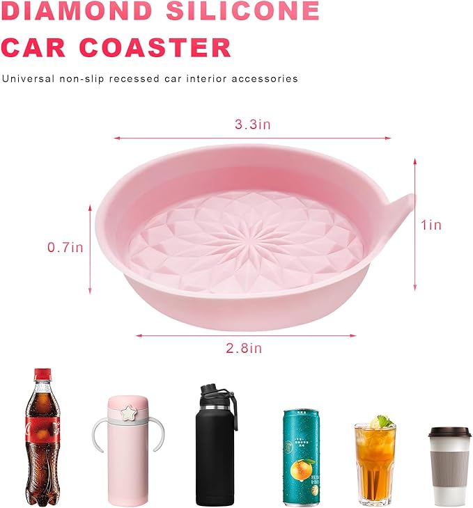 4 PCS Car Cup Holder Coasters, 2.75 Inch Anti-Slip Insert Silicone Car Coaster Drink Mat, Shockproof Universal Auto Cup Coasters for Most Vehicles, Car Interior Accessories (Pink)