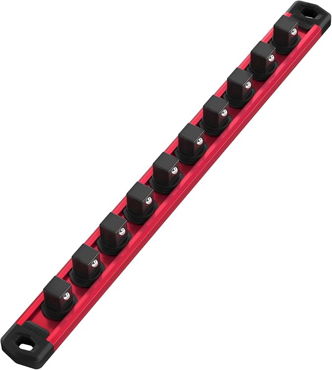 WORKPRO Magnetic Socket Organizer, 1/2-Inch Drive Aluminum Alloy Sockets Rail, Heavy Duty Sockets Holder, Socket Rack Kit 1/2-Inch x 10 Clips (Red)