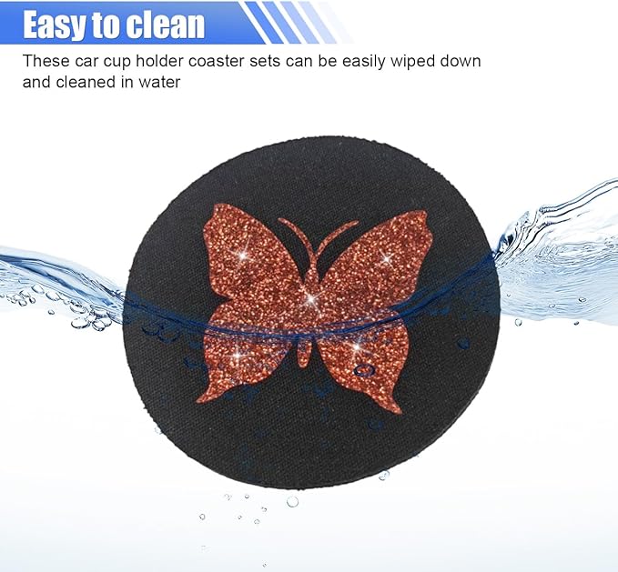2PCS Bling Butterfly Car Coasters, 2.75'' Anti Slip Insert Cup Holder Coaster, Rhinestone Vehicle Cup Holder Decoration Pad, Universal Auto Interior Drink Water Bottle Mat Accessory (Red)