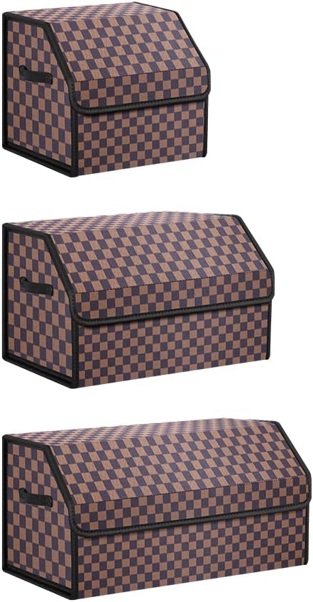 kingmise car organizers and storage for SUV,trunk organizer for sedan, leather foldable sleek box with lid,collapsible cargo bins, tool accessories containers,Chessboard pattern (Coffee grid, Small)