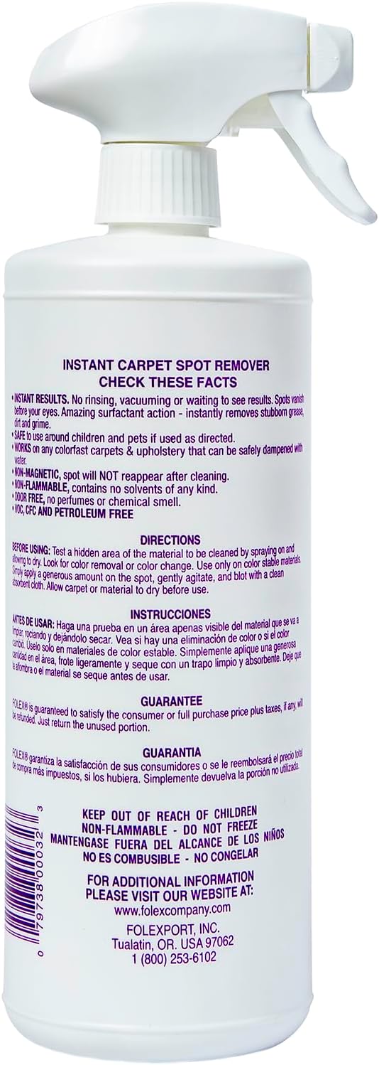 FOLEX Instant Carpet Spot Remover 32 oz – Powerful Stain Remover for Carpets, Upholstery & Rugs – Eliminates Pet Stains, Grease, Red Wine, Food, Makeup & More – With Reusable Cleaning Cloth - 3 Pack