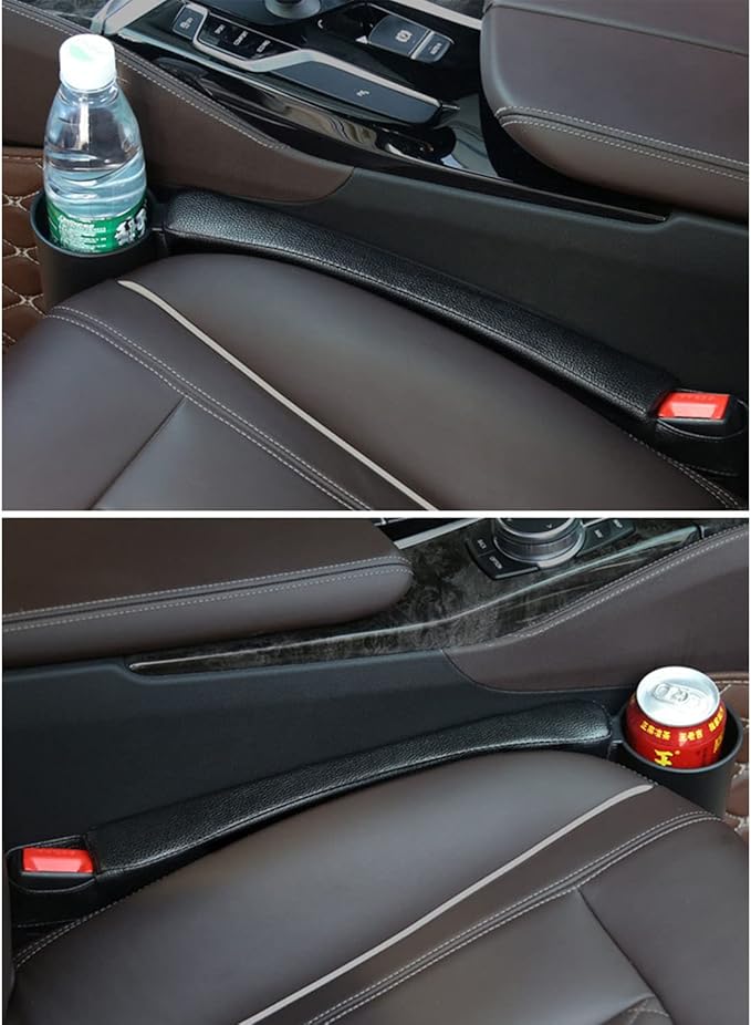 Tumecos Car Seat Gap Filler Pad PU Leather Console Side Pocket Organizer with One Cup Holder for Cellphone Wallet Coin Key 2 Pcs (Black+Black Surface)