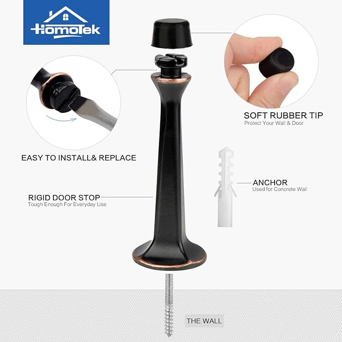 HOMOTEK 8 Pack Heavy Duty Solid Rigid Door Stop with Soft Rubber Tip, Zinc Die Cast Door Stopper Protect Wall & Door, Oil Rubbed Bronze