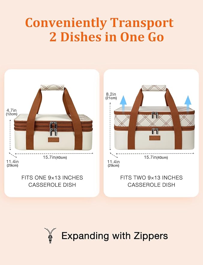 Vuudh Expandable Casserole Carrier Bag, Double Deckered Insulated Food Bag for 2 Dishes, Hot Cold Lasagna Holder Tote for Picnic, Potluck, Travel