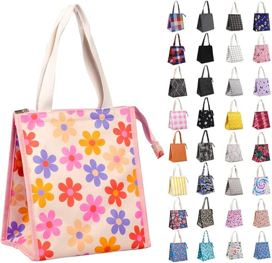 iknoe Insulated Lunch Bag for Women & Adults, 9L Foldable Wide-Open Cooler Bag with Pockets, Leakproof & Portable, for Picnic, Office, Beach (Pink flower)