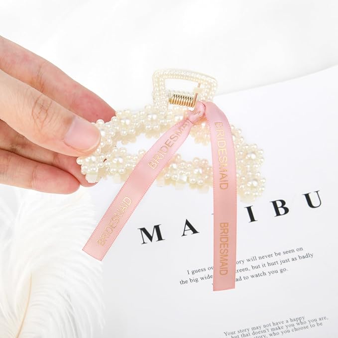 DEEKA Bridesmaid Proposal Gifts 8 Pack Pearl Bridesmaid Hair Claw Clips with Ribbon 3 Inch Hair Clips Bachelorette Party Favors Bridal Party Present Hair Accessories (Half Circle White&Rose Gold)