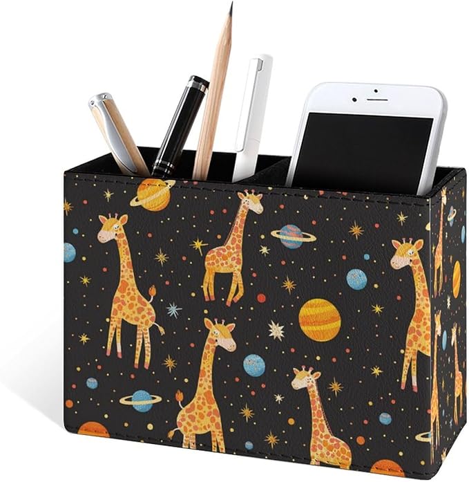 Famame Giraffe Space Cartoon Planet Pencil Holder for Desk, Leather Desktop Container Pen Cup Storage Study Table Pen Organizer Makeup Brush Holder for Classroom Office Home